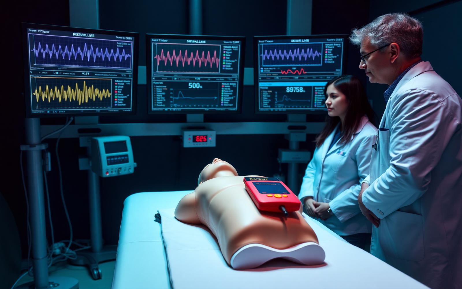 Lab test with a CPR dummy, the PRAYAS device and researchers watching the readings
