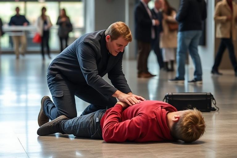 Rescuer tapping an unresponsive person's shoulders and calling for help