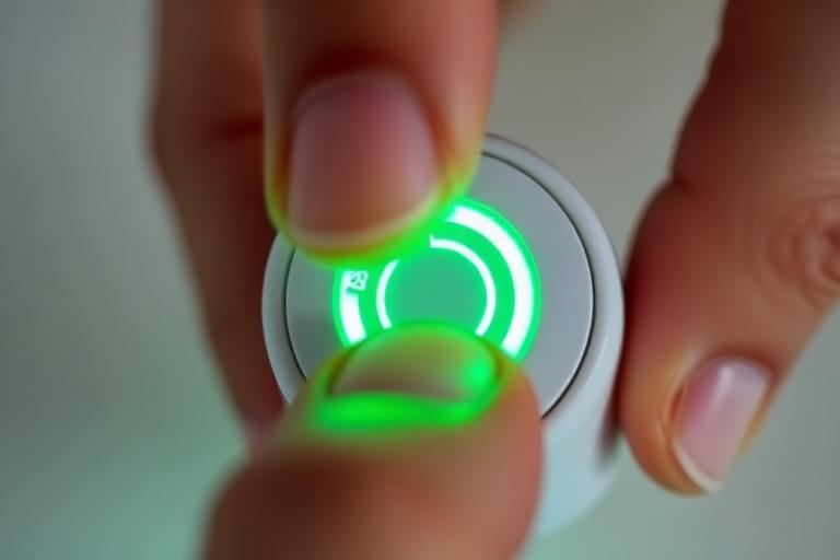 Finger pressing the power button, green LED ring lit